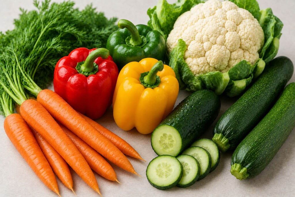 Carrots, Bell peppers, Cucumber, Cauliflower, Zucchini