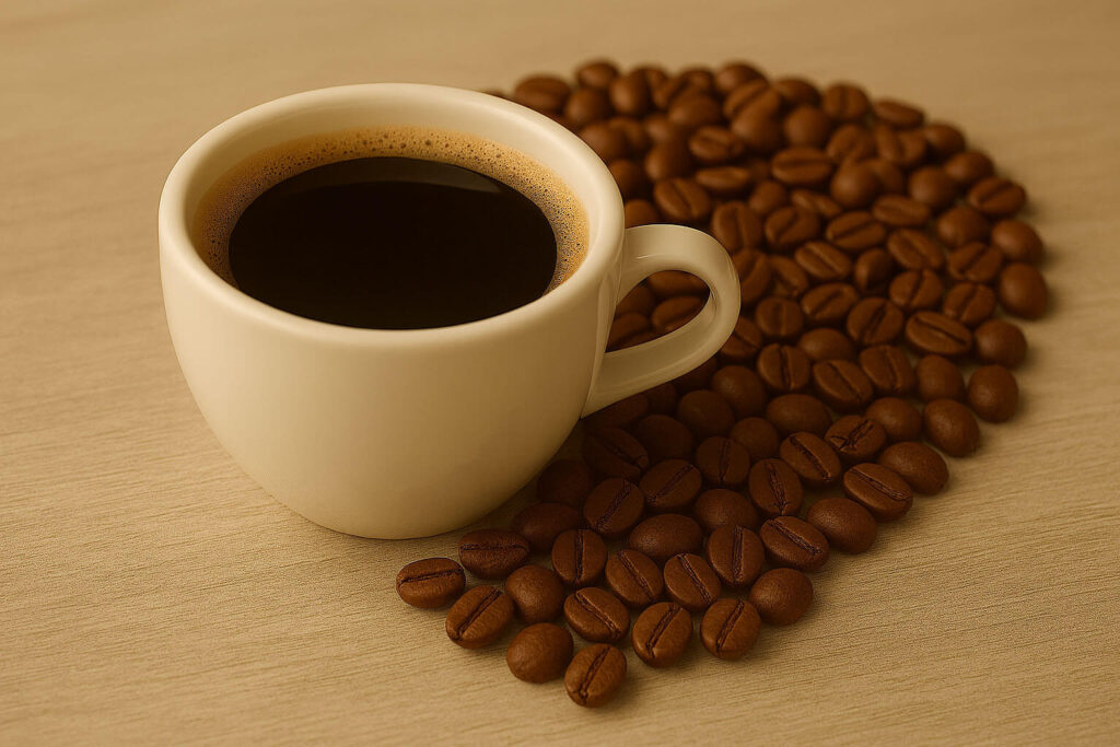 Coffee in a cup and coffee beans