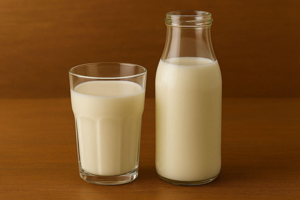 Milk in a glass and milk in a glass bottle