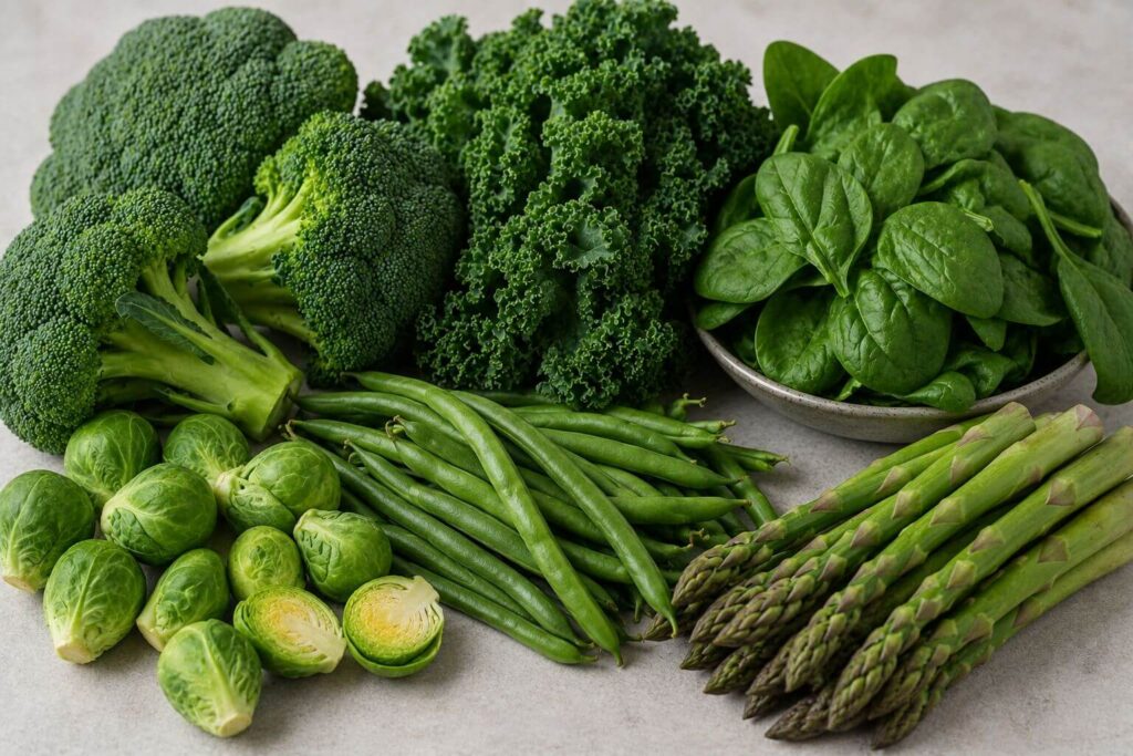 Spinach, kale, broccoli, brussel sprouts, green beans, asparagus