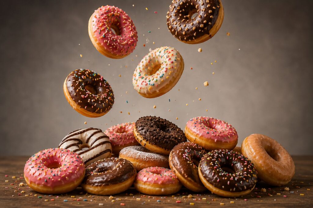 Donuts in motion with colorful sprinkles