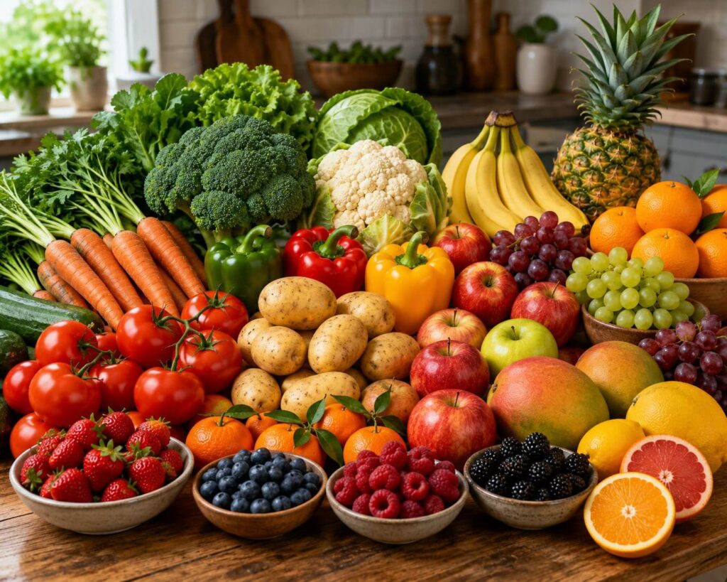 Vibrant kitchen bounty of fruits and veggies